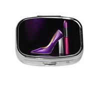 1 pc Small Pill Box 3 Compartment Portable Pill Case for Pocket Purse Pill Organizer Container Holder to Hold Vitamins Medication Fish Oil Supplements (Elegant Purple High Heels with Lipstick)