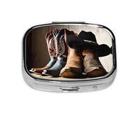 1 pc Small Pill Box 3 Compartment Portable Pill Case for Pocket Purse Pill Organizer Container Holder to Hold Vitamins Medication Fish Oil Supplements (Cowboy Black Hat Western Boots)