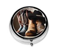 1 pc Small Pill Box 3 Compartment Portable Pill Case for Pocket Purse Pill Organizer Container Holder to Hold Vitamins Medication Fish Oil Supplements (Cowboy Black Hat Western Boots)