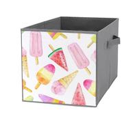1 PC Square Oxford Cloth Storage Basket Bin Foldable Organizer with Handles, Clothes Bucket Waterproof Laundry Hamper 10.6"x10.6"x10.6" Print Seamless Watercolor Pink Yellow Red Fruit Ice cream Sticks