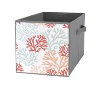 1 PC Square Oxford Cloth Storage Basket Bin Foldable Organizer with Handles, Clothes Bucket Waterproof Laundry Hamper 10.6"x10.6"x10.6" Print Red Pink Mint Corals Reef on The White