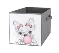 1 PC Square Oxford Cloth Storage Basket Bin Foldable Organizer with Handles, Clothes Bucket Waterproof Laundry Hamper 10.6"x10.6"x10.6" Print Cute French Bulldog Puppy Dog with Pink Gum
