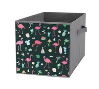 1 PC Square Oxford Cloth Storage Basket Bin Foldable Organizer with Handles, Clothes Bucket Waterproof Laundry Hamper 10.6"x10.6"x10.6" Print Pink Flamingo Birds Pineapple Palm Trees On Black