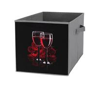 1 PC Square Oxford Cloth Storage Basket Bin Foldable Organizer with Handles, Clothes Bucket Waterproof Laundry Hamper 10.6"x10.6"x10.6" Print Two Glasses of Red Wine with Red Rose on Dark