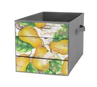 1 PC Square Oxford Cloth Storage Basket Bin Foldable Organizer with Handles, Clothes Bucket Waterproof Laundry Hamper 10.6"x10.6"x10.6" Print Yellow Cashew Fruit With Green Leaves On Vintage Wood