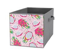 1 PC Square Oxford Cloth Storage Basket Bin Foldable Organizer with Handles, Clothes Bucket Waterproof Laundry Hamper 10.6"x10.6"x10.6" Print Seamless White Purple Green Dragon Fruits Slices on Pink