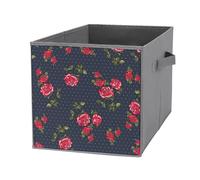 1 PC Square Oxford Cloth Storage Basket Bin Foldable Organizer with Handles, Clothes Bucket Waterproof Laundry Hamper 10.6"x10.6"x10.6" Print Seamless Red Rose Flowers with Green Leaves Dots on Dark