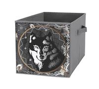 1 PC Square Oxford Cloth Storage Basket Bin Foldable Organizer with Handles, Clothes Bucket Waterproof Laundry Hamper 10.6"x10.6"x10.6" Print Black White Wolf in Dreamcatcher on Dark Grey Background
