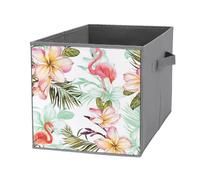 1 PC Square Oxford Cloth Storage Basket Bin Foldable Organizer with Handles, Clothes Bucket Waterproof Laundry Hamper 10.6"x10.6"x10.6" Print Tropical Flamingo Pink Flowers Green Palm Leaves