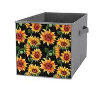 1 PC Square Oxford Cloth Storage Basket Bin Foldable Organizer with Handles, Clothes Bucket Waterproof Laundry Hamper 10.6"x10.6"x10.6" Print Seamless Orange Sunflowers with Green Leaves on Black