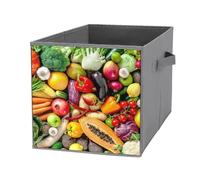 1 PC Square Oxford Cloth Storage Basket Bin Foldable Organizer with Handles, Clothes Bucket Waterproof Laundry Hamper 10.6"x10.6"x10.6" Print Colorful Assortment of Fresh Fruits and Vegetables Texture