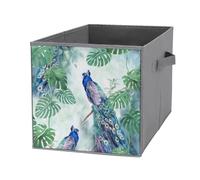 1 PC Square Oxford Cloth Storage Basket Bin Foldable Organizer with Handles, Clothes Bucket Waterproof Laundry Hamper 10.6"x10.6"x10.6" Print Peacock With Beautiful Feathers Green Tropical Leaves