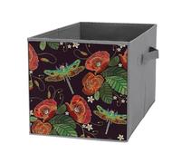 1 PC Square Oxford Cloth Storage Basket Bin Foldable Organizer with Handles, Clothes Bucket Waterproof Laundry Hamper 10.6"x10.6"x10.6" Print Vintage Embroidery Red Poppies Peonies Green Dragonflies