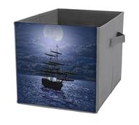 1 PC Square PU Leather Storage Basket Bin Foldable Organizer with Handles, Clothes Bucket Waterproof Laundry Hamper 10.6"x10.6"x10.6" Print Lonely Sailboat in the Sea Against Full Moon Cloud Dark Blue