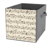 1 PC Square PU Leather Storage Basket Bin Foldable Organizer with Handles, Clothes Bucket Waterproof Laundry Hamper 10.6"x10.6"x10.6" Print Retro Music Notes Black Ink Hand Drawn Icons Artistic Style