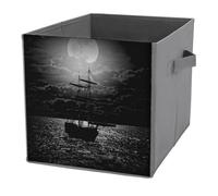 1 PC Square PU Leather Storage Basket Bin Foldable Organizer with Handles, Clothes Bucket Waterproof Laundry Hamper 10.6"x10.6"x10.6" Print Lonely Sailboat in the Sea Against Full Moon Cloud Dark