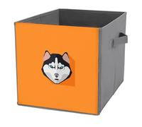 1 PC Square PU Leather Storage Basket Bin Foldable Organizer with Handles, Clothes Bucket Waterproof Laundry Hamper 10.6"x10.6"x10.6" Print Husky Dog On Orange