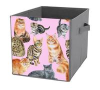 1 PC Square PU Leather Storage Basket Bin Foldable Organizer with Handles, Clothes Bucket Waterproof Laundry Hamper 10.6"x10.6"x10.6" Print Grey Orange Brown Cats On Pink