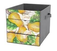 1 PC Square PU Leather Storage Basket Bin Foldable Organizer with Handles, Clothes Bucket Waterproof Laundry Hamper 10.6"x10.6"x10.6" Print Yellow Cashew Fruit With Green Leaves On Vintage Wood