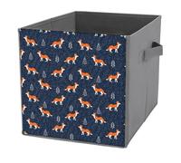 1 PC Square PU Leather Storage Basket Bin Foldable Organizer with Handles, Clothes Bucket Waterproof Laundry Hamper 10.6"x10.6"x10.6" Print Cartoon Orange Foxes Seamless on Snow Dark Blue Forest