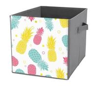 1 PC Square PU Leather Storage Basket Bin Foldable Organizer with Handles, Clothes Bucket Waterproof Laundry Hamper 10.6"x10.6"x10.6" Print Seamless Colorful Pineapples on White Summer Tropical Fruits
