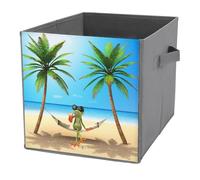1 PC Square PU Leather Storage Basket Bin Foldable Organizer with Handles, Clothes Bucket Waterproof Laundry Hamper 10.6"x10.6"x10.6" Print Frog Sunglasses Juice, Tropical Green Palm Tree Blue Ocean
