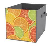 1 PC Square PU Leather Storage Basket Bin Foldable Organizer with Handles, Clothes Bucket Waterproof Laundry Hamper 10.6"x10.6"x10.6" Print Lemon Orange Citrus Fruit Slices Red Green Yellow Pattern