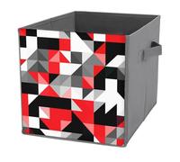 1 PC Square PU Leather Storage Basket Bin Foldable Organizer with Handles, Clothes Bucket Waterproof Laundry Hamper 10.6"x10.6"x10.6" Print Seamless Triangles Geometric Shapes Black Red White Grey