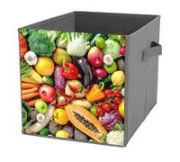 1 PC Square PU Leather Storage Basket Bin Foldable Organizer with Handles, Clothes Bucket Waterproof Laundry Hamper 10.6"x10.6"x10.6" Print Colorful Assortment of Fresh Fruits and Vegetables Texture