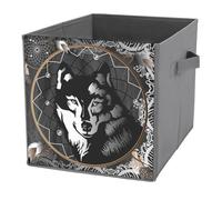 1 PC Square PU Leather Storage Basket Bin Foldable Organizer with Handles, Clothes Bucket Waterproof Laundry Hamper 10.6"x10.6"x10.6" Print Black White Wolf in Dreamcatcher on Dark Grey Background