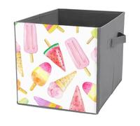 1 PC Square PU Leather Storage Basket Bin Foldable Organizer with Handles, Clothes Bucket Waterproof Laundry Hamper 10.6"x10.6"x10.6" Print Seamless Watercolor Pink Yellow Red Fruit Ice cream Sticks