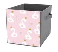 1 PC Square PU Leather Storage Basket Bin Foldable Organizer with Handles, Clothes Bucket Waterproof Laundry Hamper 10.6"x10.6"x10.6" Print White Cute Swan Princess with Golden Glitter Crown on Pink