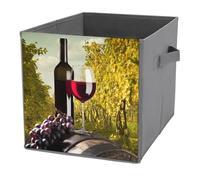 1 PC Square PU Leather Storage Basket Bin Foldable Organizer with Handles, Clothes Bucket Waterproof Laundry Hamper 10.6"x10.6"x10.6" Print Grapes Red Vine Glass Bottle with Vineyard in the Park