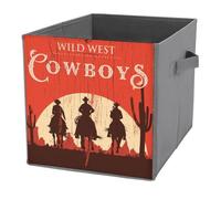 1 PC Square PU Leather Storage Basket Bin Foldable Organizer with Handles, Clothes Bucket Waterproof Laundry Hamper 10.6"x10.6"x10.6" Print Three Cowboys Riding a Horse Moon Cacti on a Red Wooden Sign