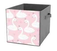 1 PC Square PU Leather Storage Basket Bin Foldable Organizer with Handles, Clothes Bucket Waterproof Laundry Hamper 10.6"x10.6"x10.6" Print Seamless White Swan Princess with Crowns on Pink Pattern
