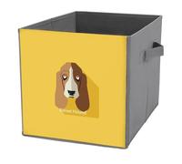 1 PC Square PU Leather Storage Basket Bin Foldable Organizer with Handles, Clothes Bucket Waterproof Laundry Hamper 10.6"x10.6"x10.6" Print Basset Hound Dog On Yellow