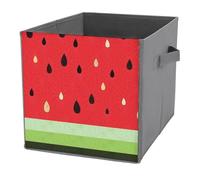 1 PC Square PU Leather Storage Basket Bin Foldable Organizer with Handles, Clothes Bucket Waterproof Laundry Hamper 10.6"x10.6"x10.6" Print Watermelon Fruit Red Pattern with Black Gold Green Skin
