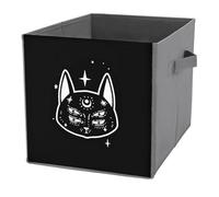 1 PC Square PU Leather Storage Basket Bin Foldable Organizer with Handles, Clothes Bucket Waterproof Laundry Hamper 10.6"x10.6"x10.6" Print Seamless Black White Witch's Cats with Shiny Stars on Black