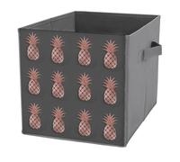 1 PC Square PU Leather Storage Basket Bin Foldable Organizer with Handles, Clothes Bucket Waterproof Laundry Hamper 10.6"x10.6"x10.6" Print Gold Glittering Rose Pineapple Glossy Exotic Fruit