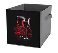 1 PC Square PU Leather Storage Basket Bin Foldable Organizer with Handles, Clothes Bucket Waterproof Laundry Hamper 10.6"x10.6"x10.6" Print Two Glasses of Red Wine with Red Rose on Dark