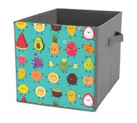 1 PC Square PU Leather Storage Basket Bin Foldable Organizer with Handles, Clothes Bucket Waterproof Laundry Hamper 10.6"x10.6"x10.6" Print Various Fruits Colorful On Green Avocado Pineapple