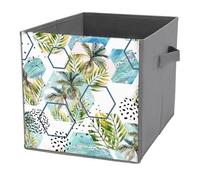 1 PC Square PU Leather Storage Basket Bin Foldable Organizer with Handles, Clothes Bucket Waterproof Laundry Hamper 10.6"x10.6"x10.6" Print Tropical Leaves and Palm Trees Geometric Shapes Hexagons