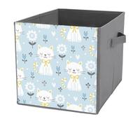 1 PC Square PU Leather Storage Basket Bin Foldable Organizer with Handles, Clothes Bucket Waterproof Laundry Hamper 10.6"x10.6"x10.6" Print Seamless Cute White Kittens Cats with Flowers on Light Blue