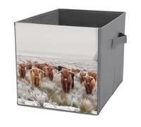 1 PC Square PU Leather Storage Basket Bin Foldable Organizer with Handles, Clothes Bucket Waterproof Laundry Hamper 10.6"x10.6"x10.6" Print Reddish Brown Scottish Highland Crowd Natural White Winter