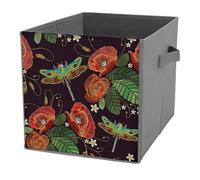 1 PC Square PU Leather Storage Basket Bin Foldable Organizer with Handles, Clothes Bucket Waterproof Laundry Hamper 10.6"x10.6"x10.6" Print Vintage Embroidery Red Poppies Peonies Green Dragonflies