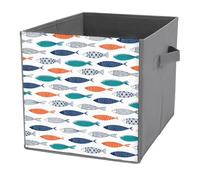 1 PC Square PU Leather Storage Basket Bin Foldable Organizer with Handles, Waterproof Laundry Hamper 10.6"x10.6"x10.6" Print Orange Green Blue Fish Seamless Tribal Ethnic Fishes on White