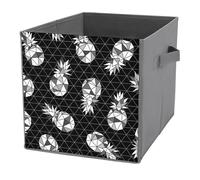 1 PC Square PU Leather Storage Basket Bin Foldable Organizer with Handles, Waterproof Laundry Hamper 10.6"x10.6"x10.6" Print Seamless Black White Geometric Pineapple on Dark Rhombus Lozenge