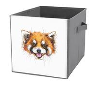 1 PC Square PU Leather Storage Basket Bin Foldable Organizer with Handles, Waterproof Laundry Hamper 10.6"x10.6"x10.6" Print Watercolor Red Panda Head with Mouth Open and Tongue on White