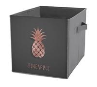 1 PC Square PU Leather Storage Basket Bin Foldable Organizer with Handles, Waterproof Laundry Hamper 10.6"x10.6"x10.6" Print Gold Glittering Rose Pineapple Glossy Exotic Fruit on Dark Brown