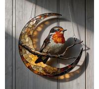 1 Pc Sun Catcher, British Robin on Crescent Moon Stained Glass Garden Ornament Outdoor, Hanging Acrylic Decor with DIY Photo Frame Gift for Garden Lovers